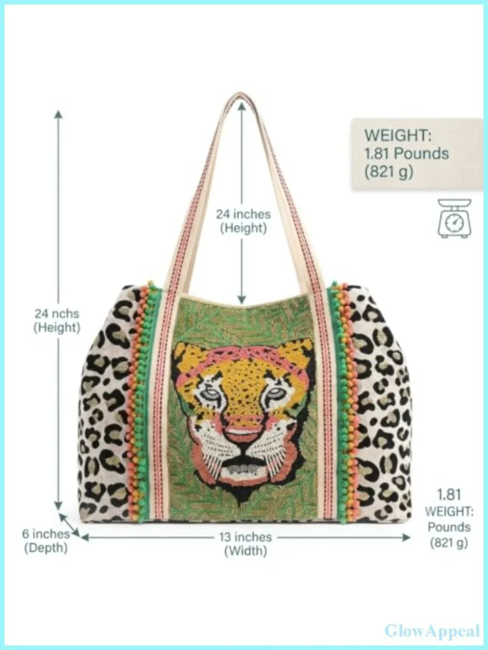 Hand-Beaded Leopard Jacquard Tote Bag for Women with Pompom Embroidered Handle